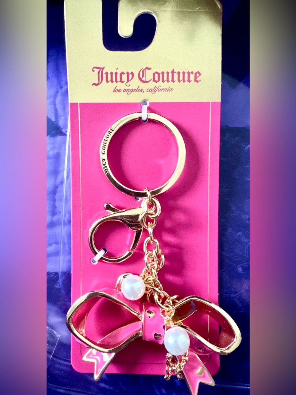 Juicy Couture Hot Pink Lovely Bow Bling Keychain Charm With Hearts & Pearls New